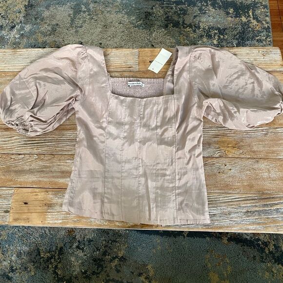 NWT Abercrombie & Fitch Puff Sleeve Shine Cotton Squareneck Top - Picture 2 of 6